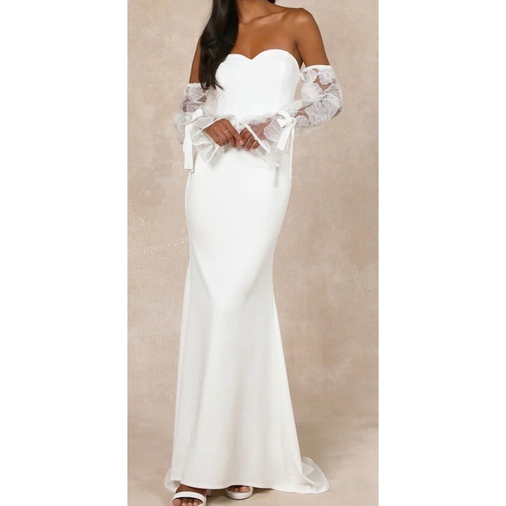 NWT‎ Lulus Small Everlasting Desire White Mesh Pearl Off-the-Shoulder Maxi Dress